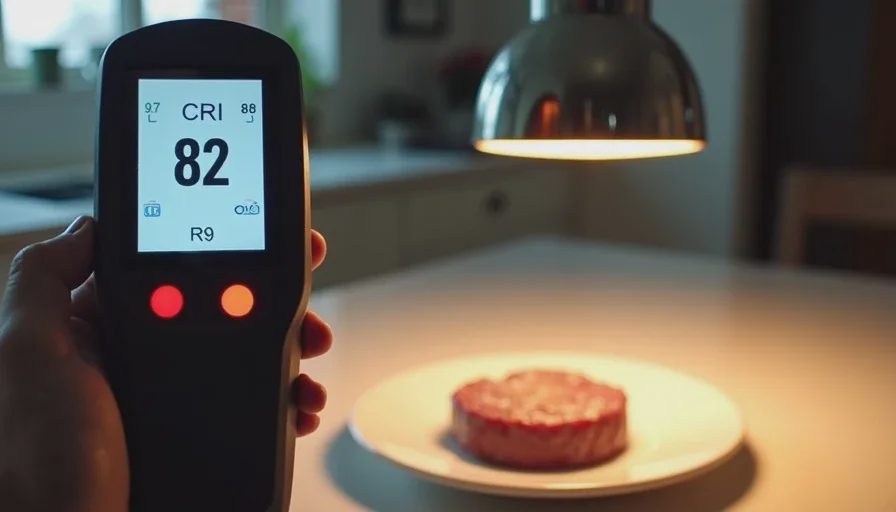 Spectrometer reading low CRI on pendant light over dull-looking steak
