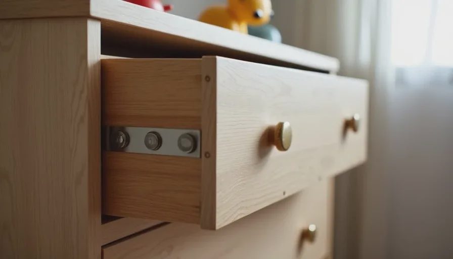 Dresser with open drawers and visible anti-tip restraint
