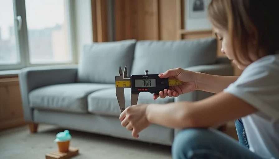 Woman measuring sofa seat depth with digital caliper in renovated living room