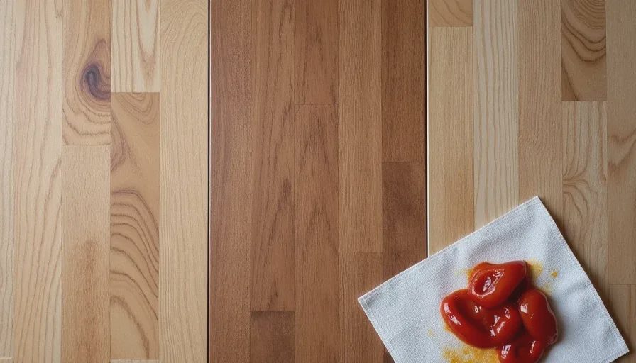 Flooring samples after 24-hour tomato sauce and wine spill test showing clean LVP versus stained engineered hardwood