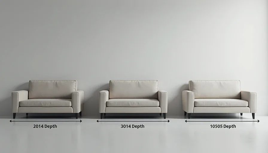 Side profiles of three sofas with seat depth measurement lines