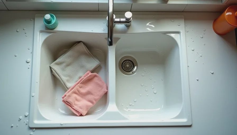 Kitchen sink after washing baby clothes with residual water on counter