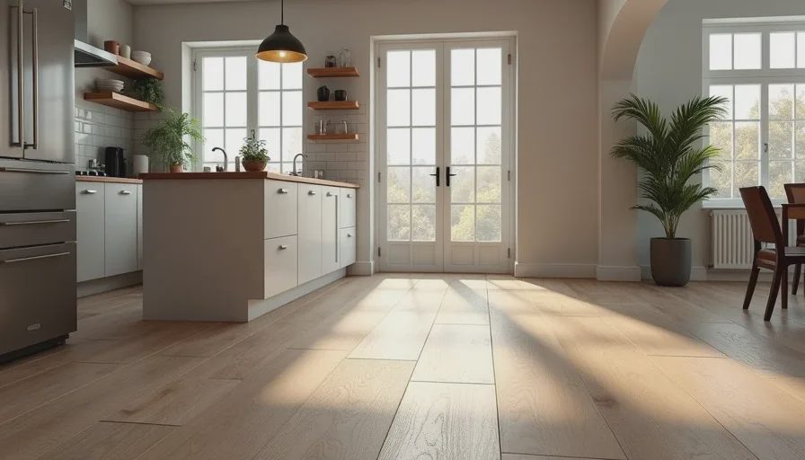 Installed budget and premium LVP planks in test area Side-by-side installed LVP flooring comparison in kitchen