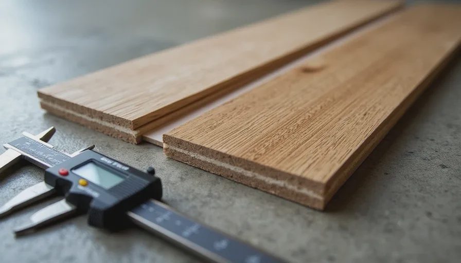 Cross-section comparison of LVP wear layer and engineered hardwood top layer with caliper measurement