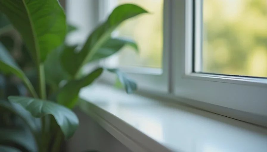 Installed low-E window showing exterior view Modern window glazing in residential living room