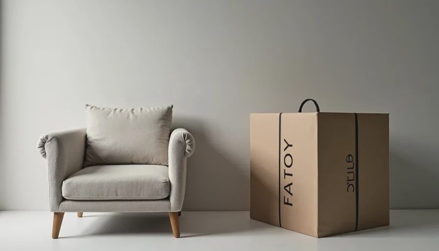 Unbranded factory piece beside finished retail version Factory version versus retail-branded furniture comparison