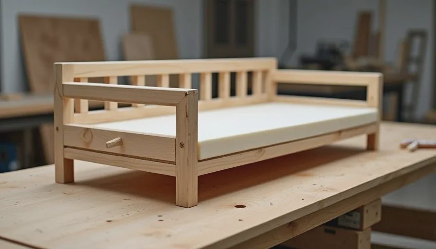 Sofa frame and suspension details on factory floor Exposed sofa frame construction during manufacturing