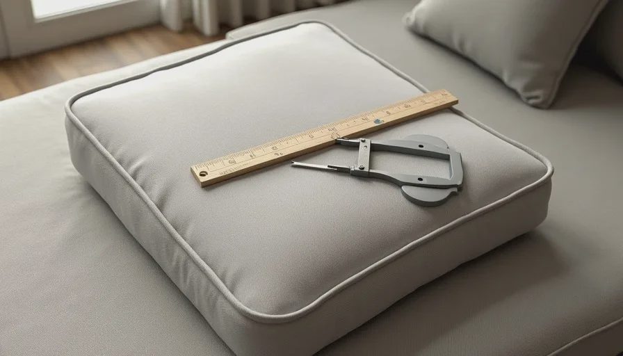 Calipers and ruler measuring sofa seat cushion depth