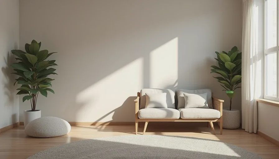Real-home installation of evaluated furniture and finishes Finished room showing tested home products in use