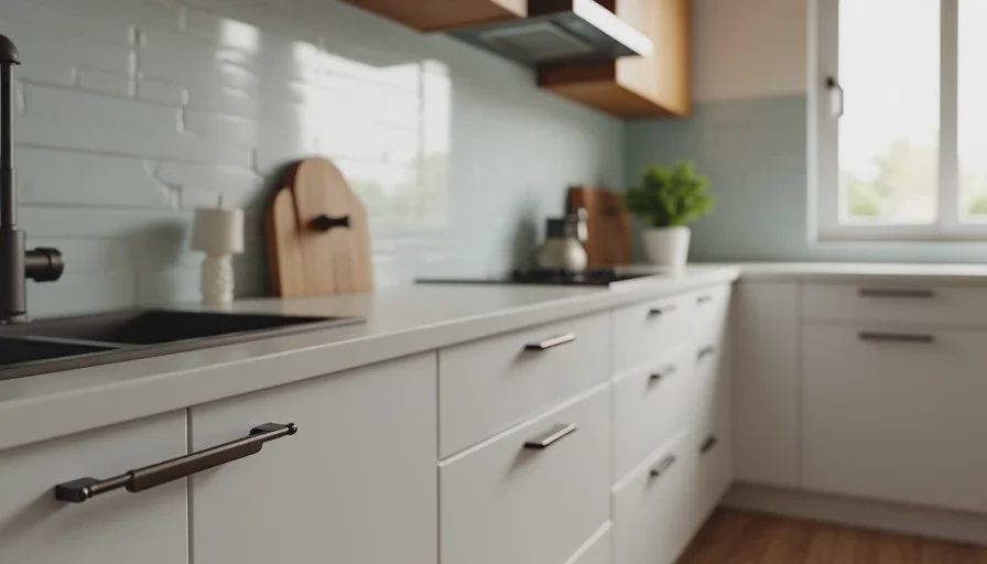 Kitchen cabinets showing different pull hardware styles