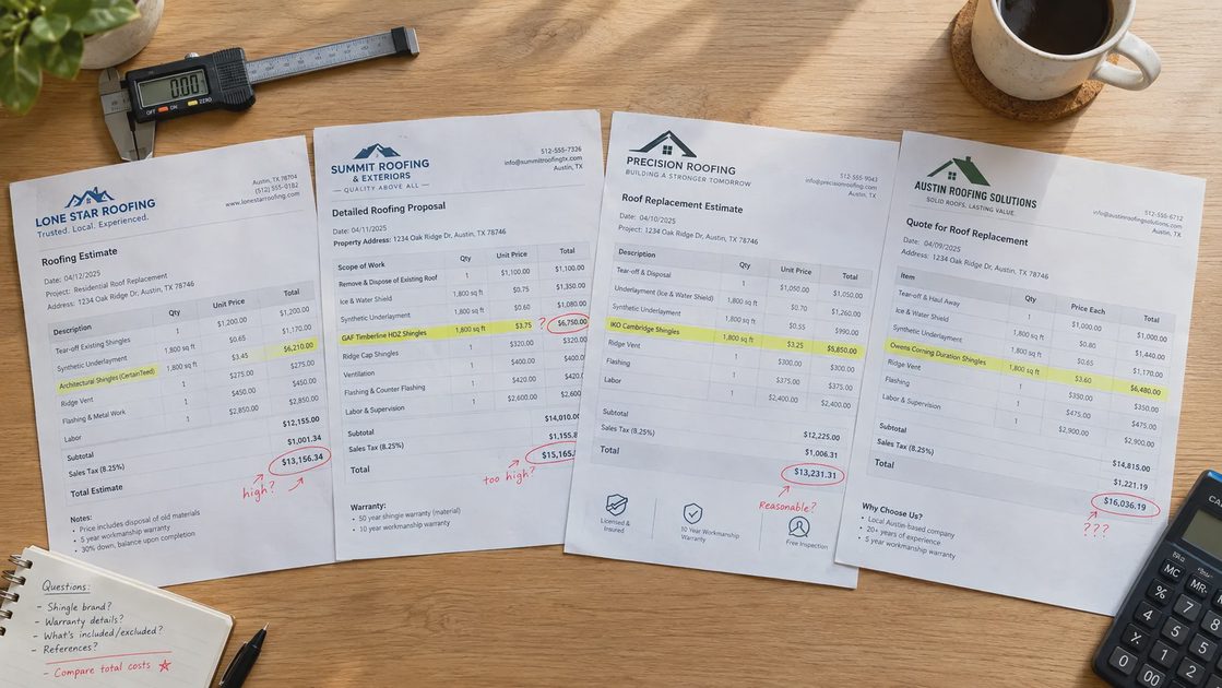 Four printed roofing estimates spread across a kitchen table with yellow highlighter marks and red pen circles