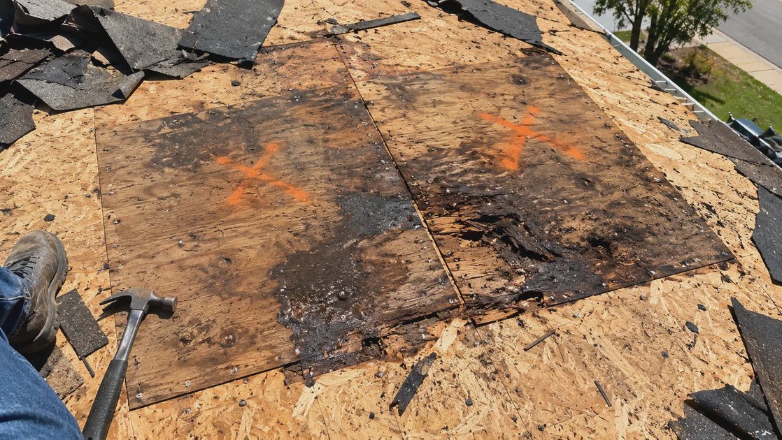 Exposed roof decking during tear-off showing two dark, water-damaged plywood sheets marked with orange spray paint