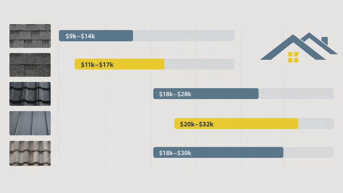 Infographic bar chart of 2026 installed roof cost ranges by material, from architectural asphalt to standing seam metal